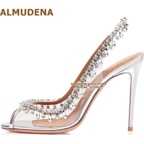 ALMUDENA Graceful Silver Clear PVC Crystal Wedding Shoes Open Toe Elastic Band Slingback Fringe Shoes Bling Bling Rhinestone