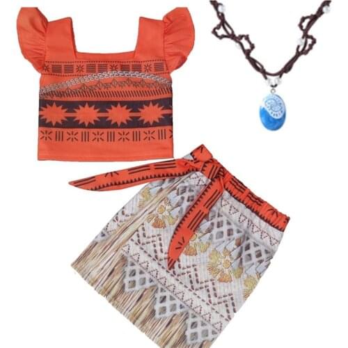 Kids Moana Cosplay Party Costume Girls Birthday Gifts Halloween Costumes Fashion Clothes Set Vaiana Princess Dresses + Necklace