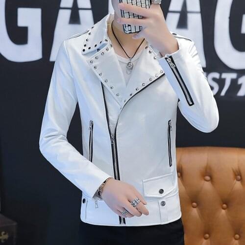 HOO 2022 new mens long sleeve PU leather garment youth fashion nail riveting inclined zipper leather coat lapels