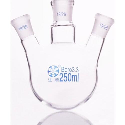 Three-necked flask oblique shape,with three necks standard grinding mouth,Capacity 250ml,Middle joint 19/26,lateral joint 19/26