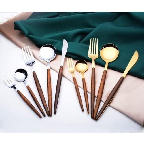Stainless Steel Golden Tableware Wooden Shank Scoop Western Steak Knife Dessert Fruit Fork Stirring Spoon Creative Flatware