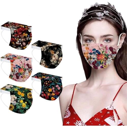 50pc Fashion Floral Mask For Women Disposable 3ply Mouth Mask Breathable Print Protec Mouth Mask Ear Loops Masque Decoration