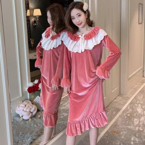 Cute Korean Pajamas Spring Autumn Woman Princess Long Sleeved Lace Solid Color Plush Pajamas Sleepwear Home Clothes for Women
