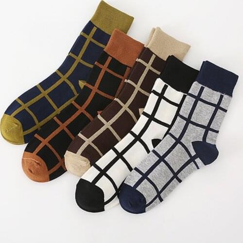 Mens casual dress socks combed cotton striped plaid geometric lattice pattern fashion design high quality