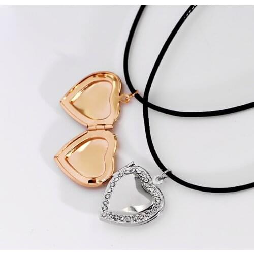 2pcs/Lot Heart Photo Frame Pendant Necklace Zircon Crystal Locket Necklaces Can Open Women Men Memorial Fashion Jewelry