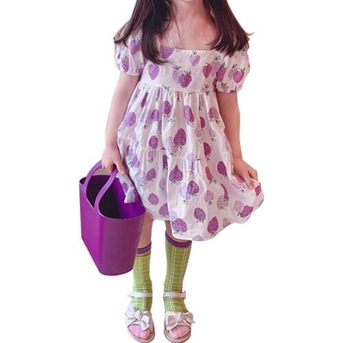 2021 Toddler Loose Pleated Dress, Baby Girls Strawberry Print Short Sleeve Square Collar