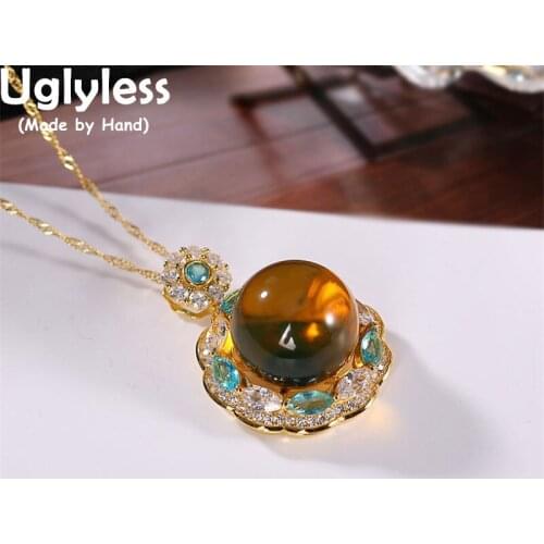 Uglyless Discolored under UV Lamp Luxury Gemstones Amber Necklaces Women Blue Amber Pendants Crystals Fashion Jewelry 925 Silver
