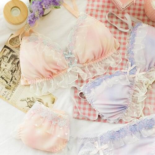 Japanese Plus Size Women Sexy Wire Free Bra and Panty Set Lace Lounge Underwear Cute Mesh Ruffles Lingerie Bra Panties Bralette