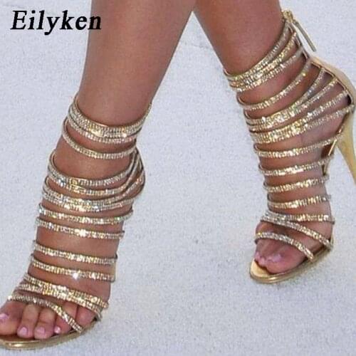 Eilyken Gold Bling Bling Crystal Sexy Sandals High Heels Strappy Gladiator Women Sandal Stiletto Wedding Rhine Stone size 35-42