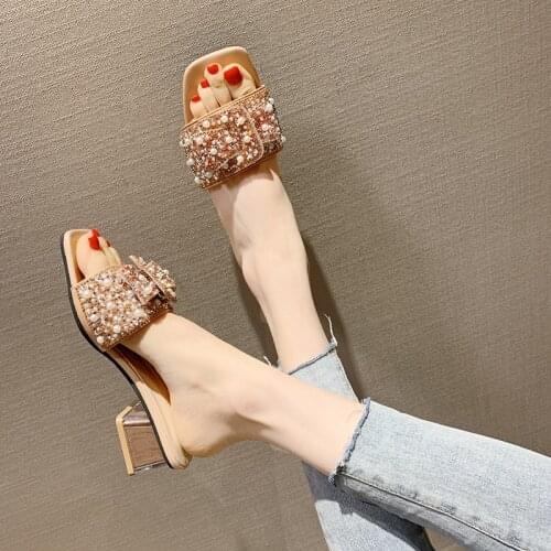 Slippers Womens Pearl Chunky Heel High Heel Slippers Korean Style Ins Fashion Clear Heels Shoes for Women Womens Shoes