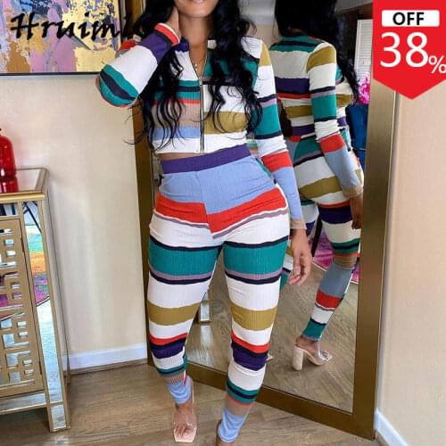 2 Piece Sets Womens Outfits Striped Colorful Casual Fashion New Arrival Tracksuit Women Zipper Elastic Waist Conjuntos De Mujer