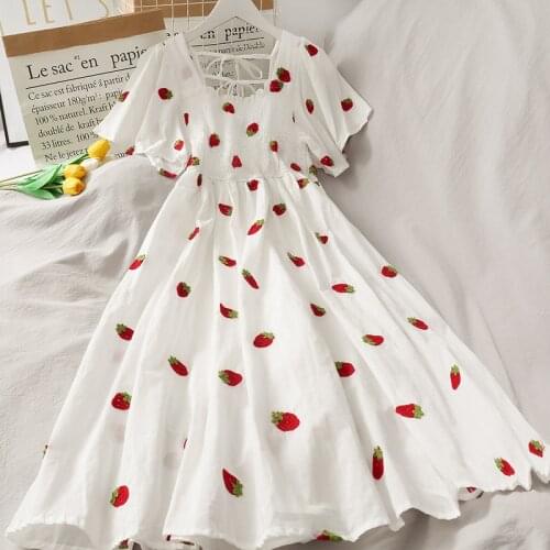 Vintage Kawaii Strawberry Dress Women Sexy Ruffle Puff Sleeve Off Shoulder Embroidery Summer Party Dresses 2021 Korean Elegant