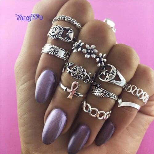 11pcs/Set Bohemia Antique Gold Silver Color Flower Carved Rings Sets Knuckle Finger Rings for Women Party Jewelry