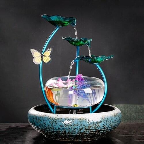 110V/220V Creative Ceramic Decorative Indoor Water Fountains Glass Fish Tank Office Living Room Humidifier Feng Shui Home Decor