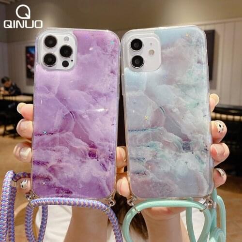 Bling Glitter Star Marble Lanyard Strap Phone Case For iPhone 12 11 Pro Max X XR XS Max 7 8 Plus Crossbody Cord Chain Rope Cover