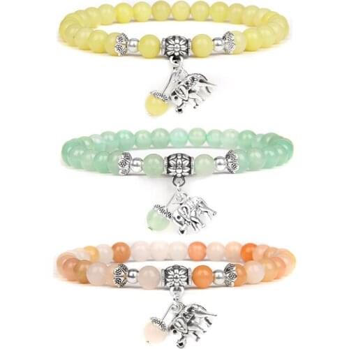 Natural Blue Pink Green Yellow Stone Beads Bracelet Cute Elephant Pendant Charm Bracelets or Women Yoga Energy Jewelry Gifts