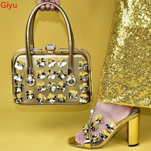 Doershow hot selling African Wedding Shoes and Bag Set gold Color Italian Shoes with Matching Bags Nigerian Women party!HLV1-5