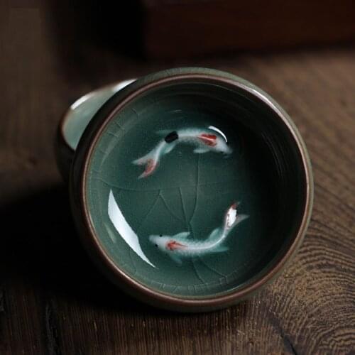 1pcs Chinese Longquan Celadon Porcelain Teacups teapot Tea Cup Teacup Bowl Golden Fish 60ml China teaset Tea Pot Crackle Tea Set