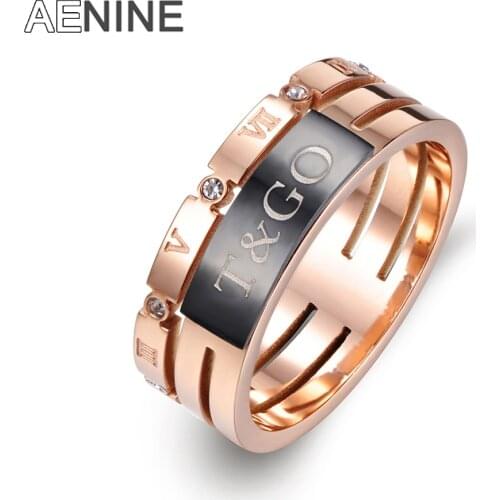 AENINE Classic Stainless Steel Fine Jewelry Mosaic Crystal Roman Numerals Rings Bridal Wedding Engagement Ring Jewelry AR17036