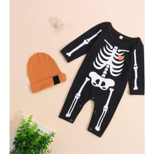 Baby Boys Halloween Outfits Romper with Cap, Kids Skeleton Print Round Neck Long Sleeve Jumpsuit+ Hat for Spring Fall