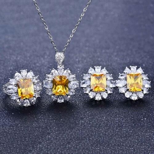 QTT Brilliant 925 Sterling Silver Flower Jewelry Set Delicate Rectangle Crystal Pendant Necklaces Stud Earrings Ring Bridal Sets