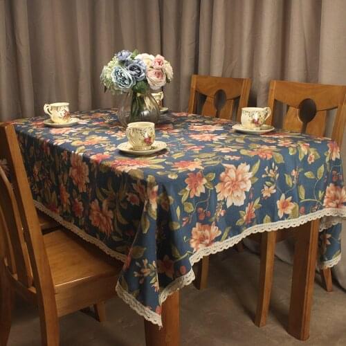 CURCYA Royal Blue Tablecloth American Floral Pattern Rectangular Dining Table Cover Decorative Square Tea Coffee Table Cloth