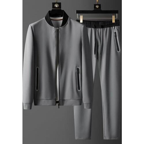 2021 Grey Stand Collar Mens Sets 2 Pieces Luxury Autumn Zipper Casual Sport Male Sets Fashion Elastic Waist Slim Fit Man Pants