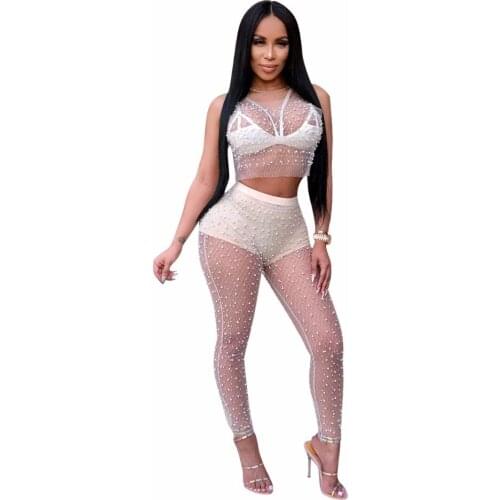 2019 NEW Mesh Pearls Beading Sexy Two Piece Set Summer Outfits See Through Crop Tops and Pants Suit Matching 2 Piece Set Women