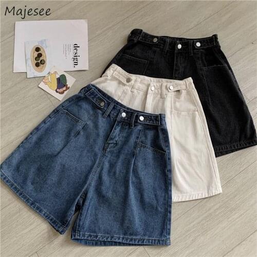 Shorts Women Solid Denim Buttons Straight Korean Style Students All-match Leisure Simple Basic Design Streetwear Fashion Retro