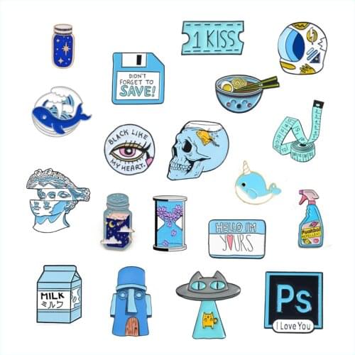 Blue enamel brooch animal cat fish house PS alloy badge wishing bottle movie ticket smiley face cup hourglass milk pin jewelry