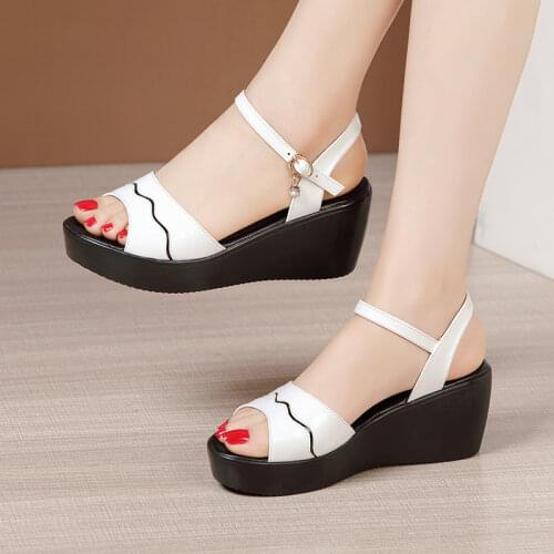 6cm 11cm Heel Platform Shoes Summer Thick Bottom Wedges Sandals 2021 Small Big Size 32-43 Casual Patent Leather Sandals Woman