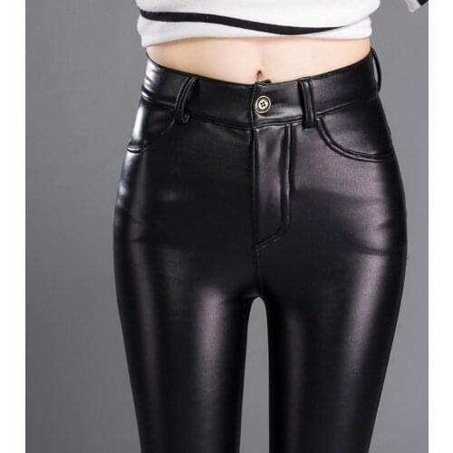 2021 Women Pants PU Faux Leather Slim Trousers Pants Female High Waist Pencil Pant Lady Ankle Length Slim Fit Leggings H670