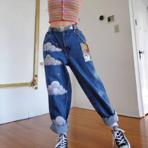 Ladies Jeans Printed Washed Ladies Jeans Ladies Trousers Loose Strap Metal Chain Jeans