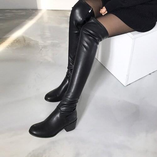 Womens Knee High Boots High Heels Winter Shoes Round Toe Thick Heel Sexy Elastic Fabric Womens Boots Size 34-42
