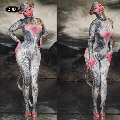 Halloween Costuems for women adult anime Cosplay sexy monkey Print One Piece Jumpsuit Nightclub wear Dance Party Stage outfit