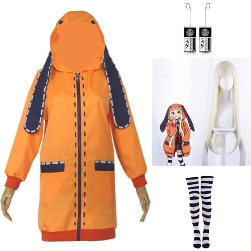 Japanese Anime Jackets Yomoduki Runa Cosplay Costume Kakegurui Compulsive Gambler Runa Sock and Wig Women Orange Hooded Zip Coat