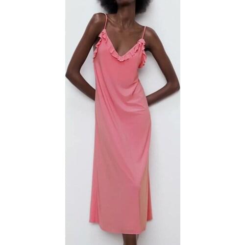 ZA Summer Women Camisole Dress Ruffles Loose Dress Lady Beach Style Solid V-neck Dress Elegant Girls Backless Causal Outfits