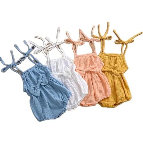2020 Pure Color Infant Girls Linen Rompers Cotton Strap Baby Girl Triangle Jumpsuits Toddler Pajamas Pleated Bow Casual Romper