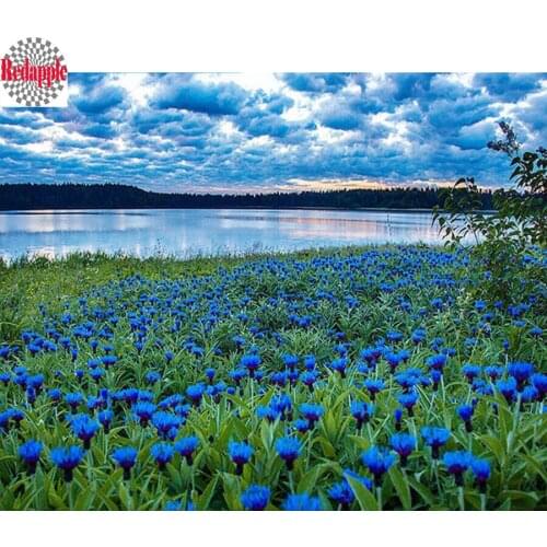 Diamond Painting Blue Cornflower Mosaic DIY 3D Diamond Embroidery flower sea natural scenery Paintings Needlework lake landscape