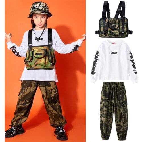 Girls Hip Hop Clothing Camouflage Vest Pants Overalls Sweatshirt Boys Street Hiphop Dance Costume Jazz Performance Outfit BL5671