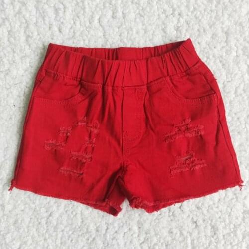 RTS wholesale baby girls shorts denim red fashion pocket button adjustable waistband summer spring girls shorts jeans