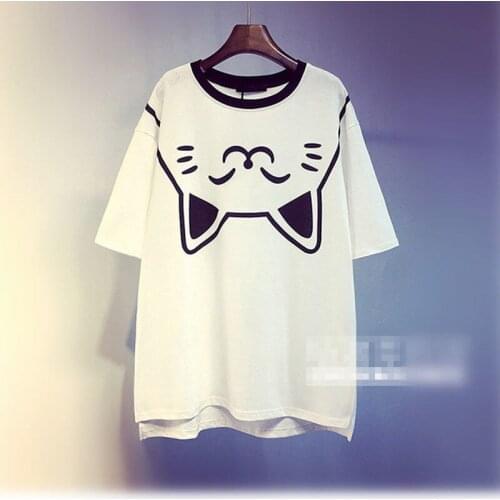 T-shirt Girls Kawaii Cat Pattern Printed Short Sleeve 2021 Summer White All-Match Mid-Length Loose Top Women Shirts
