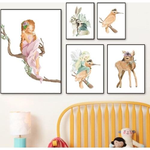 Girl Rabbit Deer Bird Feather Wing Flower Trunk Wall Art Canvas Painting Nordic Posters And Prints Wall Pictures Kids Room Decor