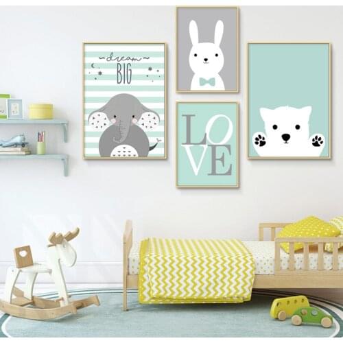 Kawaii Baby Nursery Wall Art Canvas Poster Print Cartoon Elephant Rabbit Bear Painting Nordic Picture Kid Boy Bedroom Decor