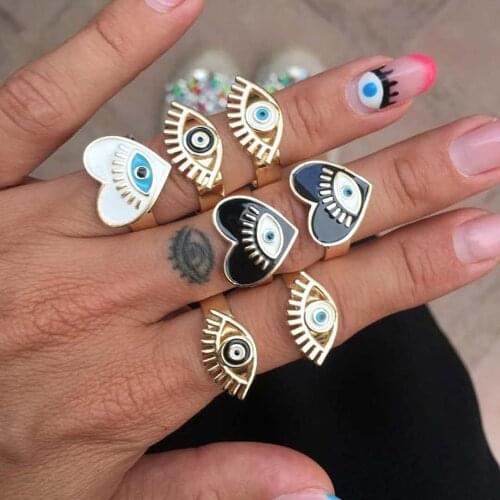 Street Style Fashion Cute Drip Process Black White Adjustable Gold Evil Eye Heart Charm Kunckle Rings For Women Ladies Ring
