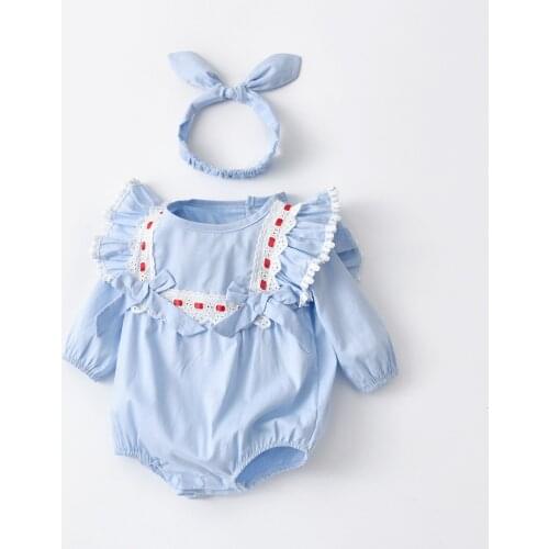 Autumn New Baby Girls Bodysuit Long Sleeve Cotton Kids Jumpsuit Newborn Casual Clothes with Hairband Blue 0-2Y