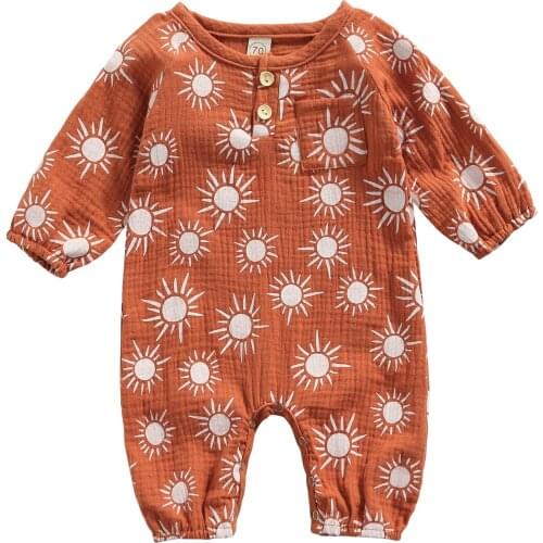 Newborn Baby Romper Clothes Long Sleeve Sun Printing Button Round Neck Cotton Linen 2021 Young Children Baby Clothes For 0-18M