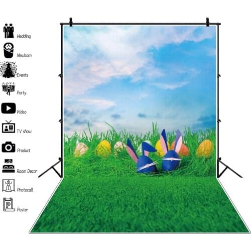 Laeacco Easter Backgrounds Blue Sky White Clouds Eggs Grassland Bunny Rabbit Baby Newborn Photography Backdrops For Photo Studio