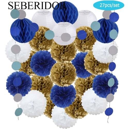 Kids Boy Comunion Party Favor Gold Royal Blue Set Round Paper Lantern Ball Honeycomb Pompom For Baptism Wedding Holiday Decor