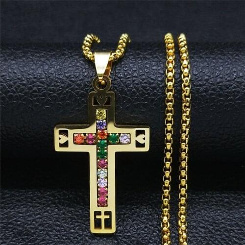 Stainless Steel Mix Color Crystal Cross Necklaces Pendants Gold Color Christian Chain Necklaces Jewelry pendentif N4912S05